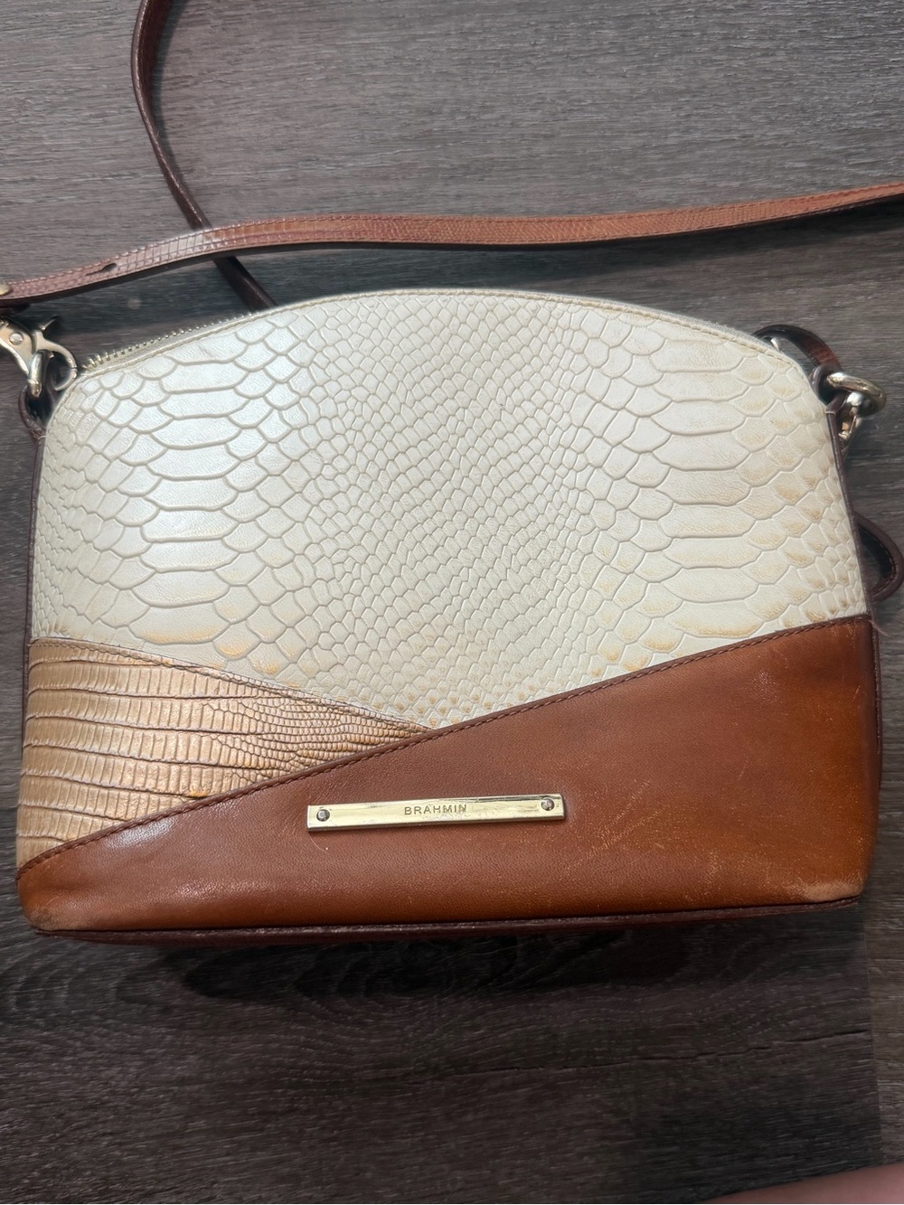 Brahmin Mini Duxbury Mimosa Pecan Melbourne, Croc Embossed Leather Crossbody Bag